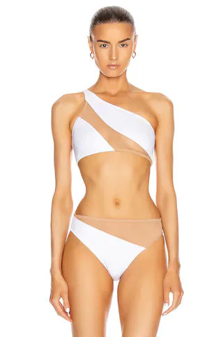 Norma Kamali Snake Mesh Bra Swimsuit in White & Nude Mesh | FWRD | FWRD 