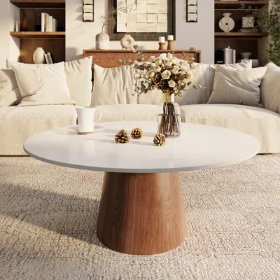 Mid-Century Modern Round Coffee Table Stone Marble Effect Wooden Pedestal Table For Living Room & Home Decor | Wayfair North America