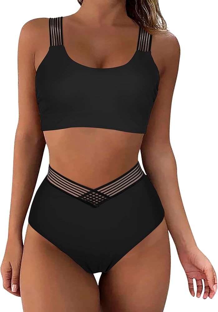 SUUKSESS Women Crisscross Slimming High Waist Bikini Sexy Mesh 2 Piece Swimsuits | Amazon (US)
