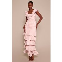 Baby Pink Chiffon Ruched Ruffle Maxi Dress | PrettyLittleThing US