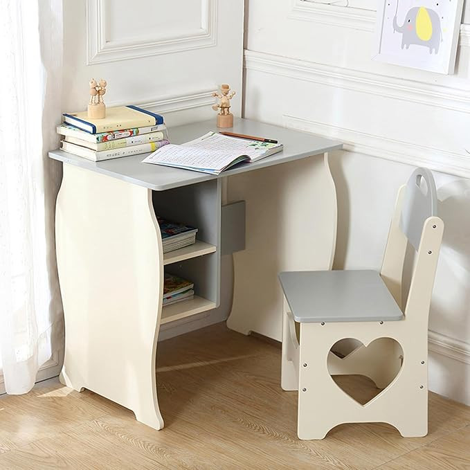 Kids Desk and Chair Set, Children Study Desk with Storage Shelf, Wooden School Study Table, Writi... | Amazon (US)