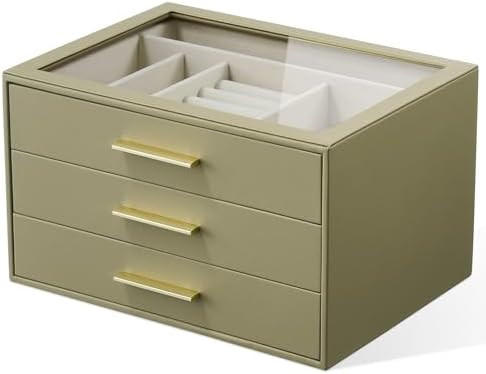 Jewelry Box Organizer Case for Women: 3-Layer Jewelry Storage Case with Glass Window, Olive Green... | Amazon (US)