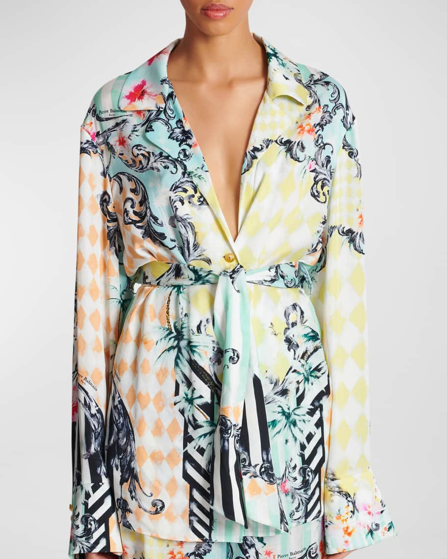 Baroque-Print Belted Pajama Shirt | Neiman Marcus