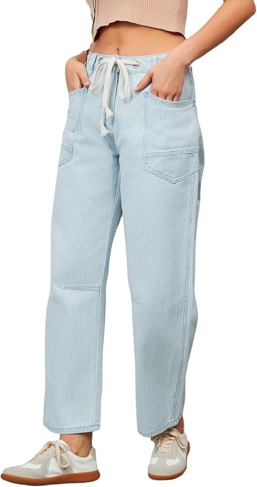 Ladyful Striped Barrel Jeans Women High Waisted Baggy Jeans Wide Leg Denim Pant with Eyelet Draws... | Amazon (US)