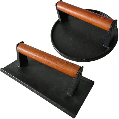 Burger Press 7.08" Round & 8.3”X4.3”Rectangle Heavy-Duty Cast Iron Smash Meat Steak with Wood... | Amazon (US)