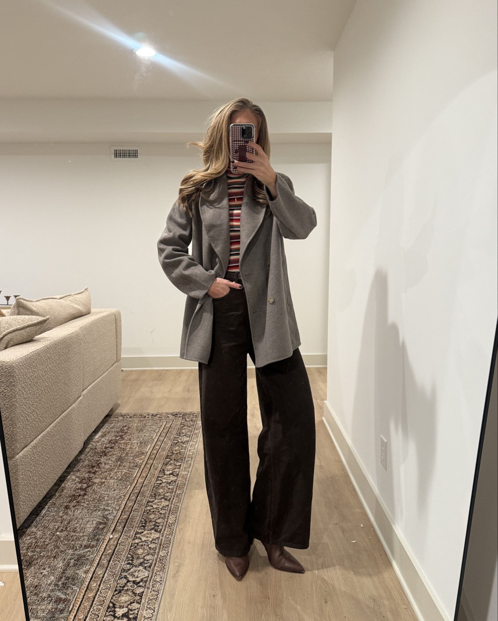 Church outfit I wore today! 
Love this coat because it’s perfect for 40-50 degree days but if needed you can layer a chunky sweater under for extra warmth because it’s roomy in the arms and shoulders. Very warm!  Wearing my usual medium/6
Size small in striped turtleneck (tall girl friendly)
Sized up to 6 in jeans to fit the bump. They are long and tall girl friendly. regular length but really fit like a long 