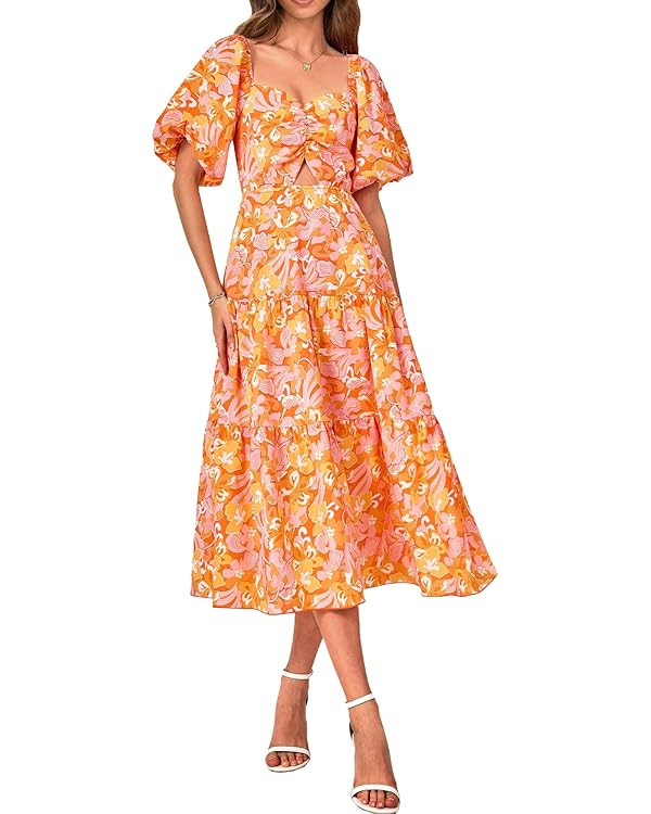 BTFBM Women Summer Dresses 2024 Casual Flowy Beach Square Neck Puff Short Sleeve Smocked Back Boh... | Amazon (US)