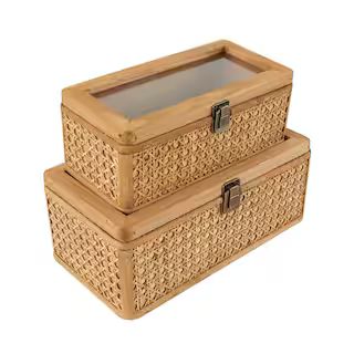 Litton Lane Square Rattan Handmade Woven Rattan Box with Glass Tops and Bronze Latches (Set of 2)... | The Home Depot