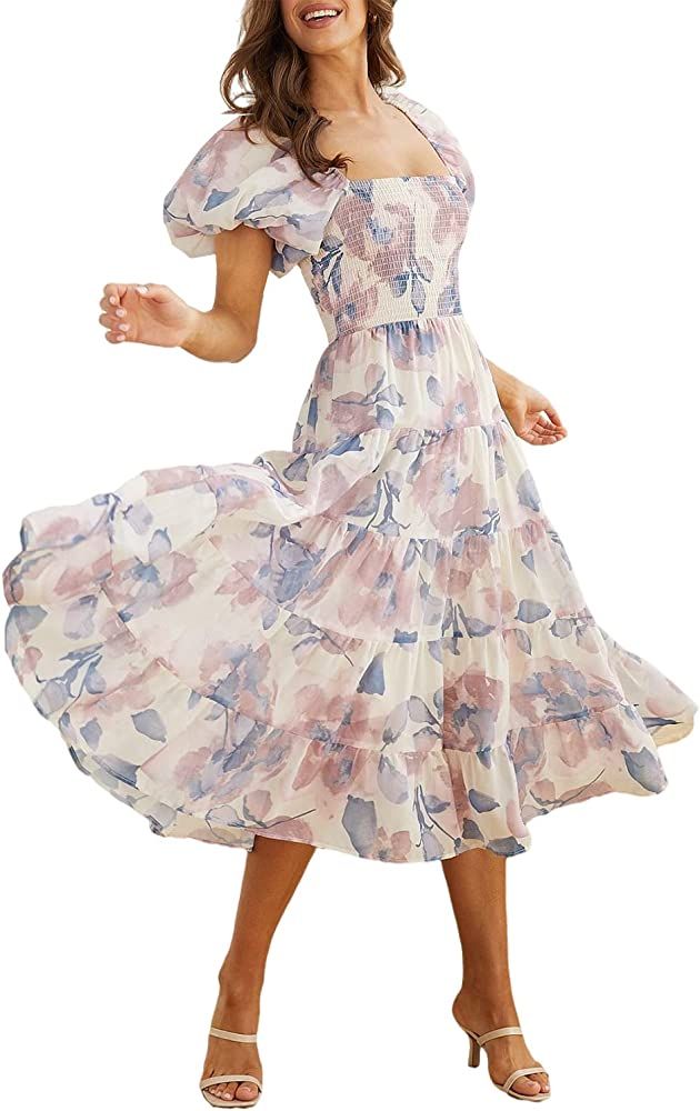 Sissyaki Women's Summer Boho Floral Print Midi Dress Square Neck Tiered Flowy Beach Long Dress | Amazon (US)