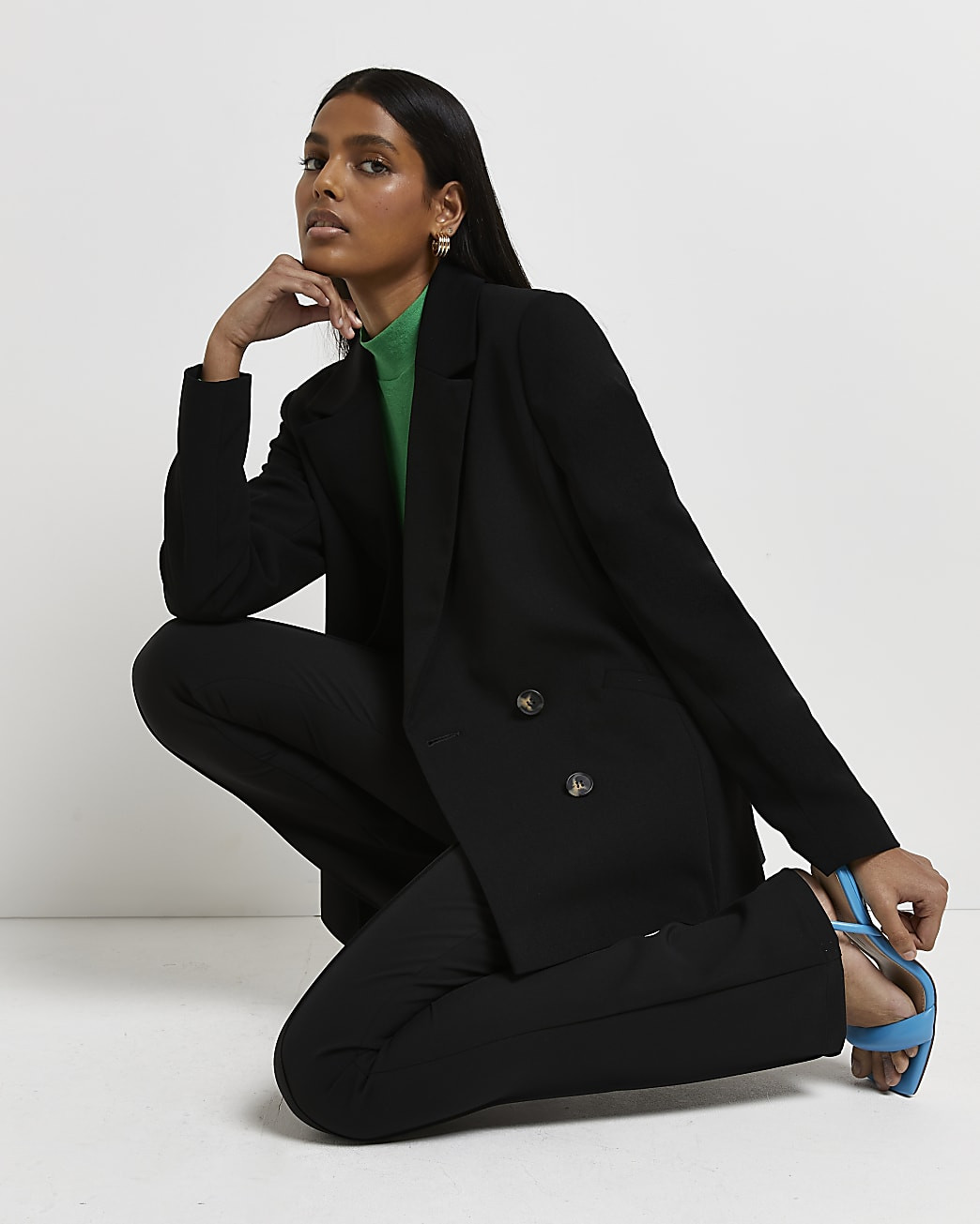 Black double breasted longline blazer | River Island (UK & IE)