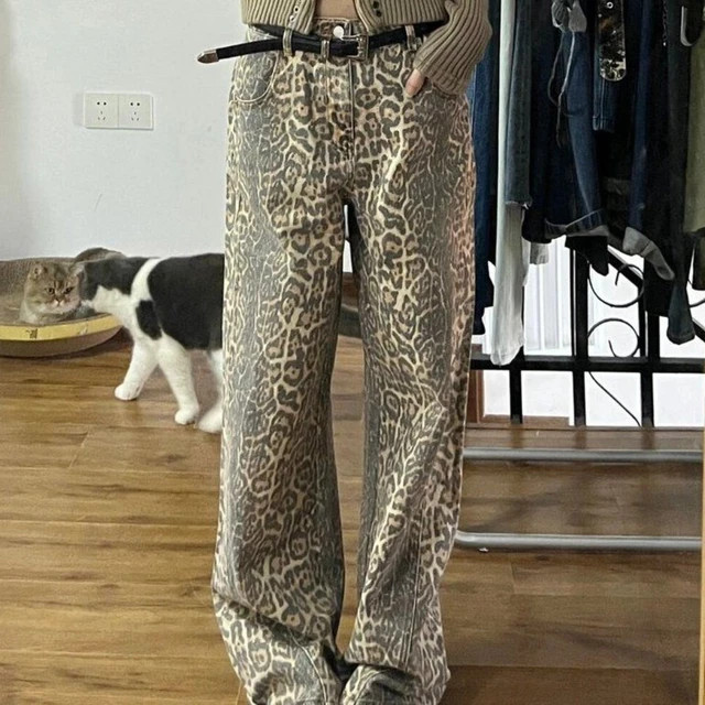 Pantalones holgados de leopardo para mujer, calzas de cintura alta con estampado de pierna ancha,... | Aliexpress EU