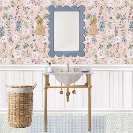 Girls bathroom design idea, pedestal sink, floral wallpaper, breadboard, marble penny tile, blue mirror, coastal bathroom 

#LTKhome #LTKSeasonal #LTKstyletip