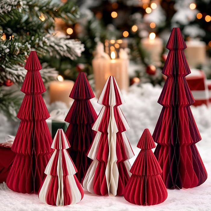 SUNBEAUTY 6 PCS Honeycomb Paper Christmas Tree Red White Paper Christmas Tree Decor 3D Honeycomb ... | Amazon (US)
