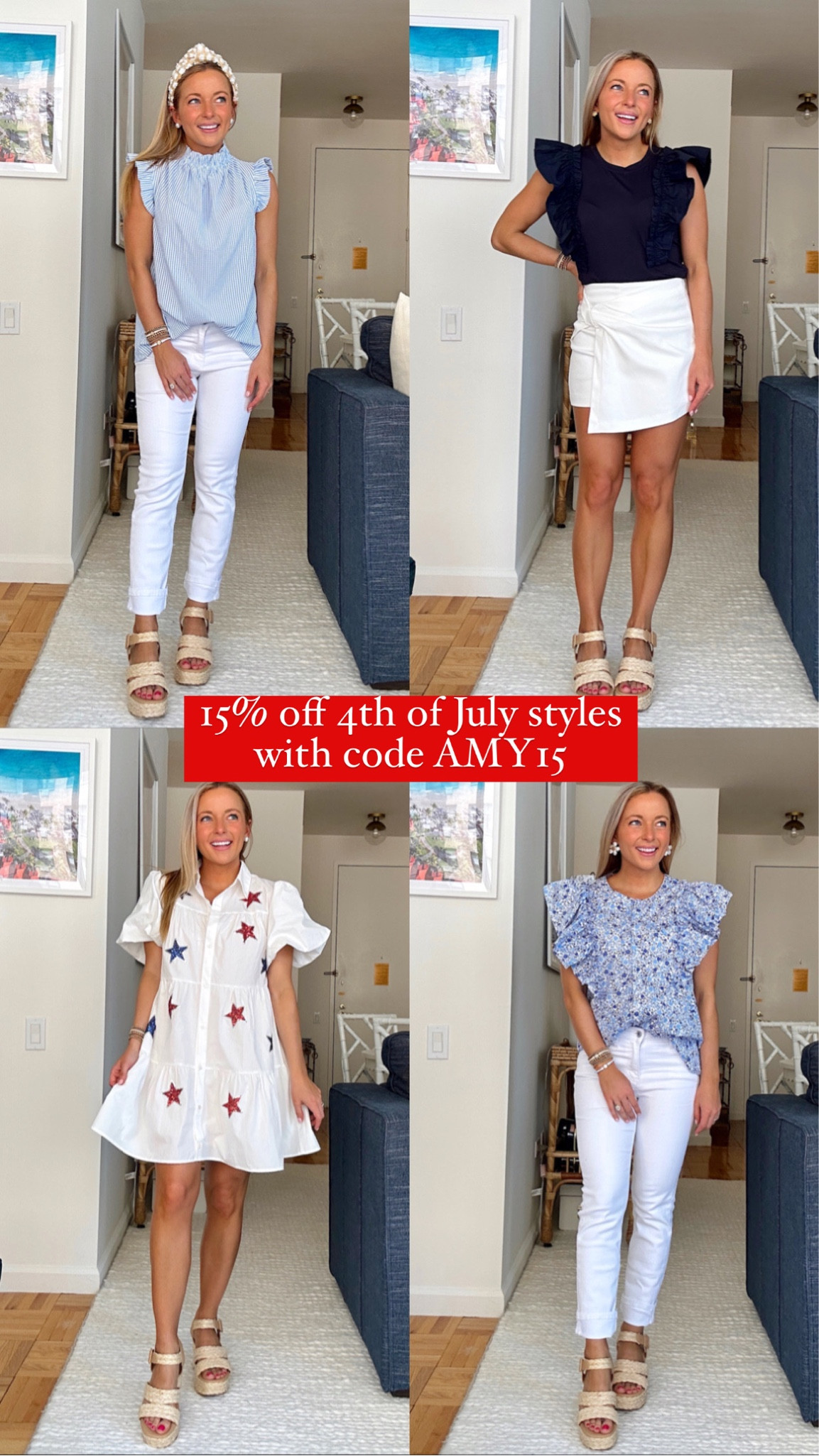 The cutest 4th of July and patriotic styles!! Everything runs true to size & is 15% off with code AMY15 🧨🤍🇺🇸 #4thofJuly #redwhiteandblue #patriotic #seersucker #whitejeans #platformsandal #whiteskort 

#LTKSeasonal #LTKshoecrush #LTKunder100