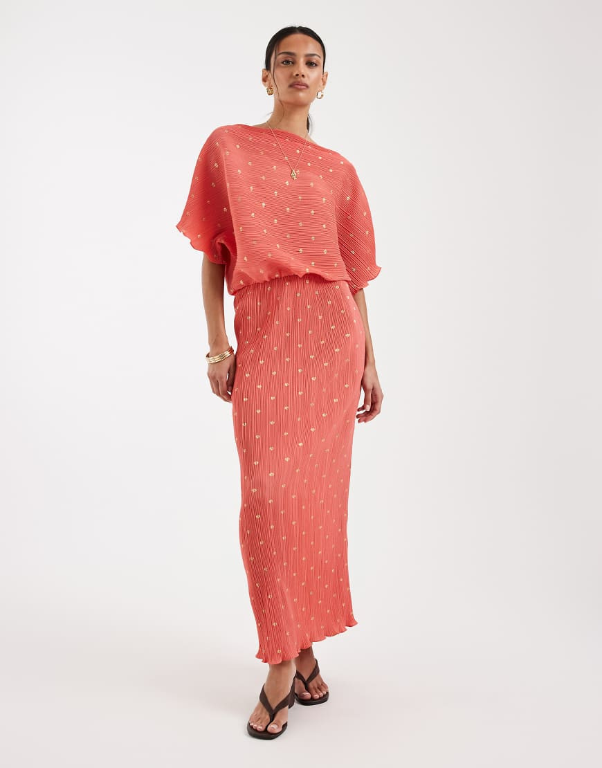 Never Fully Dressed Tilly off the shoulder plissé midaxi dress in metalic coral polka dots-Orange | ASOS (Global)