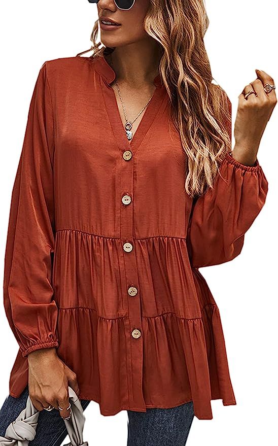 Angashion Women Tunic Tops Casual Solid Long Sleeve Ruffle V Neck Button Down Loose Babydoll Shir... | Amazon (US)