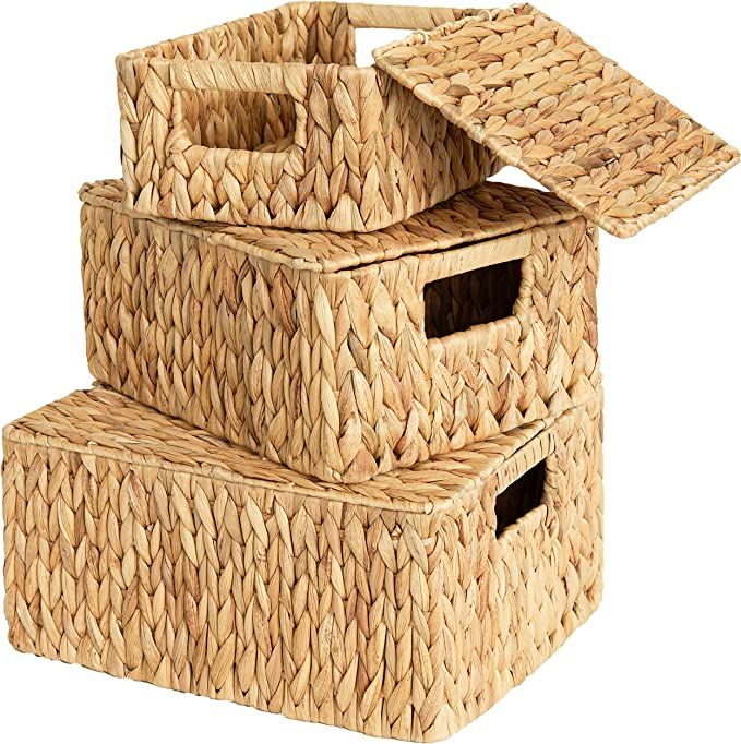 StorageWorks Rectangular Wicker Baskets for Organizing, Water Hyacinth Storage Baskets with Lids ... | Amazon (US)