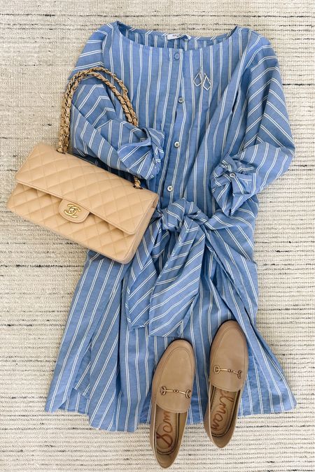 Striped wrap dress paired with loafers and accessories for a classic look! Great workwear look for summer or even early fall. Dress is made out of 100% cotton poplin that keeps you cool and is breathable! 

#LTKstyletip #LTKSeasonal #LTKworkwear