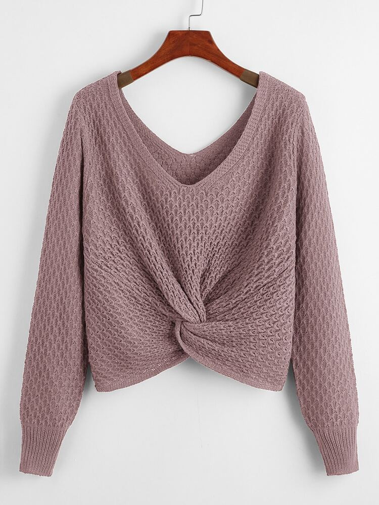 Double V-neck Twist Front Sweater | SHEIN