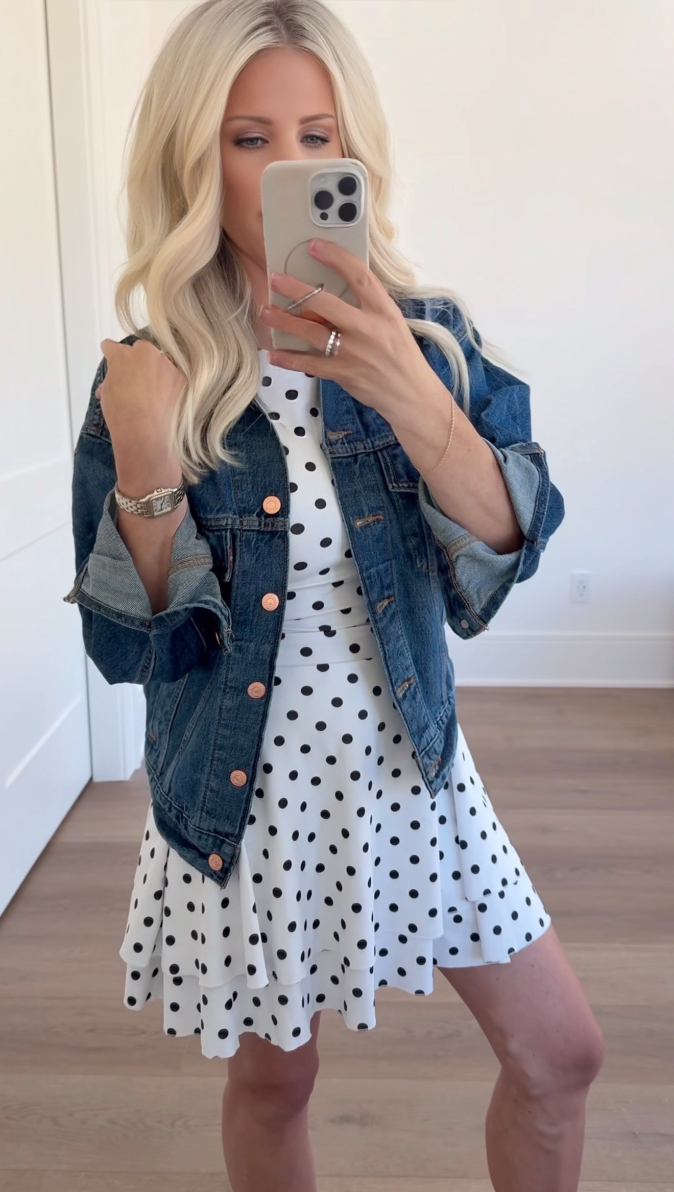 I'm loving this playful polka dot dress paired with a classic denim jacket and gold jewelry! Keep it casual yet chic with these Amazon favorites. Perfect for any occasion. #amazonfashion #chicoutfit #polkadots #denimjacket #goldjewelry #casualchic 

 #LTKootd #LTKmomlife #LTKOver40
