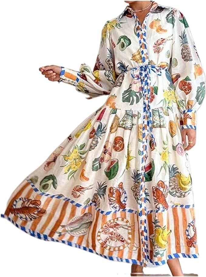Ladies Autumn Long Sleeve Printed Lapel Lantern Sleeve high Waist Long Beach Dress, Bohemian Styl... | Amazon (US)