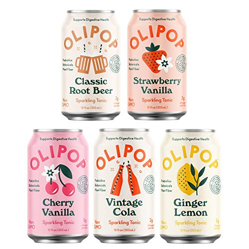 OLIPOP - 5-Flavor Soda Variety Pack, Healthy Soda Sampler, Prebiotic Soft Drinks, Supports Digestive Health & Gut Health, 9g of Dietary Plant Fiber, Low Calorie, Low Sugar, Vegan (12 oz, 5-Pack) | Amazon (US)