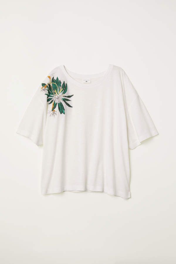 H & M - T-shirt with Embroidery - White - Women | H&M (US + CA)