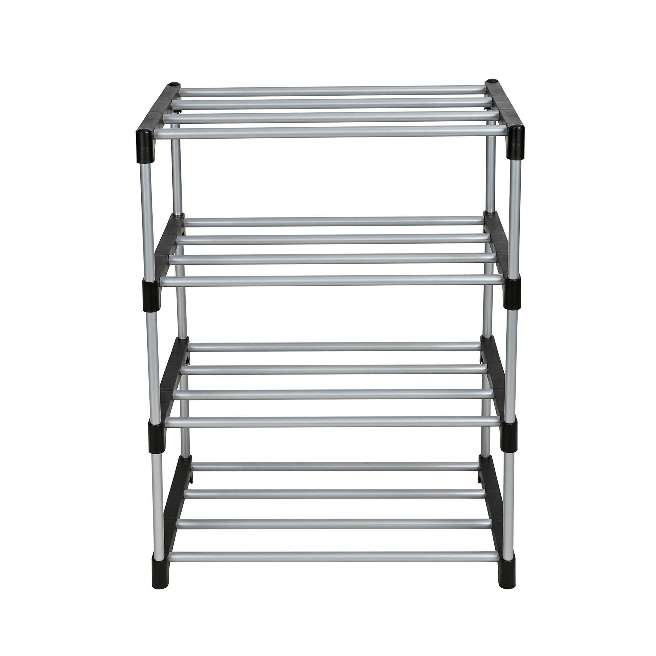 Mainstays 4 Tier Shoe Rack, Black and Silver, 8 Pairs of Shoes, Metal Tubes & Plastic Connectors | Walmart (US)
