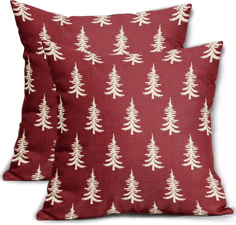 Aytipun Christmas Pillow Covers 18x18 Set of 2 Dark Red Xmas Tree Rustic Style Winter Print Decor... | Amazon (US)