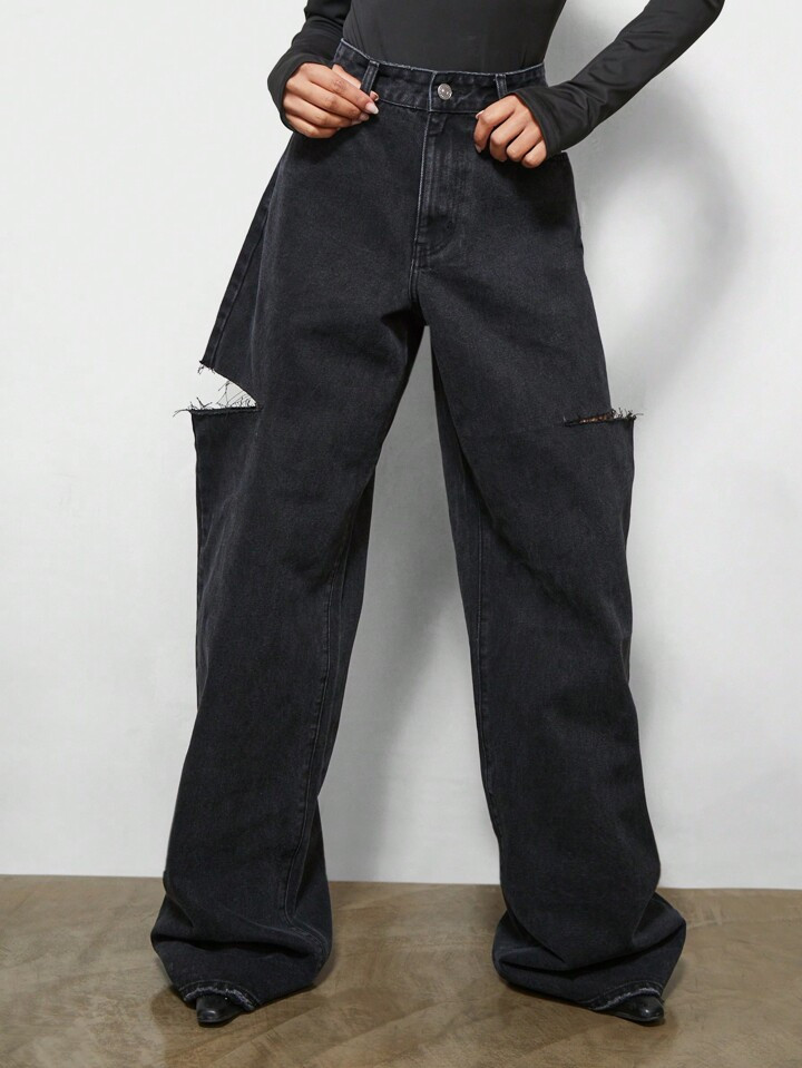 SUMWON WOMEN Wide Leg Side Ripped Raw Edge Jean | SHEIN