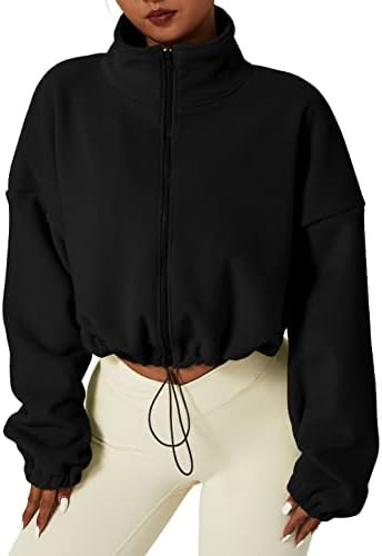 QINSEN Women's Full Zip Fleece Short Jacket Warm Winter Long Sleeve Stand Collar Sherpa Crop Coat | Amazon (US)