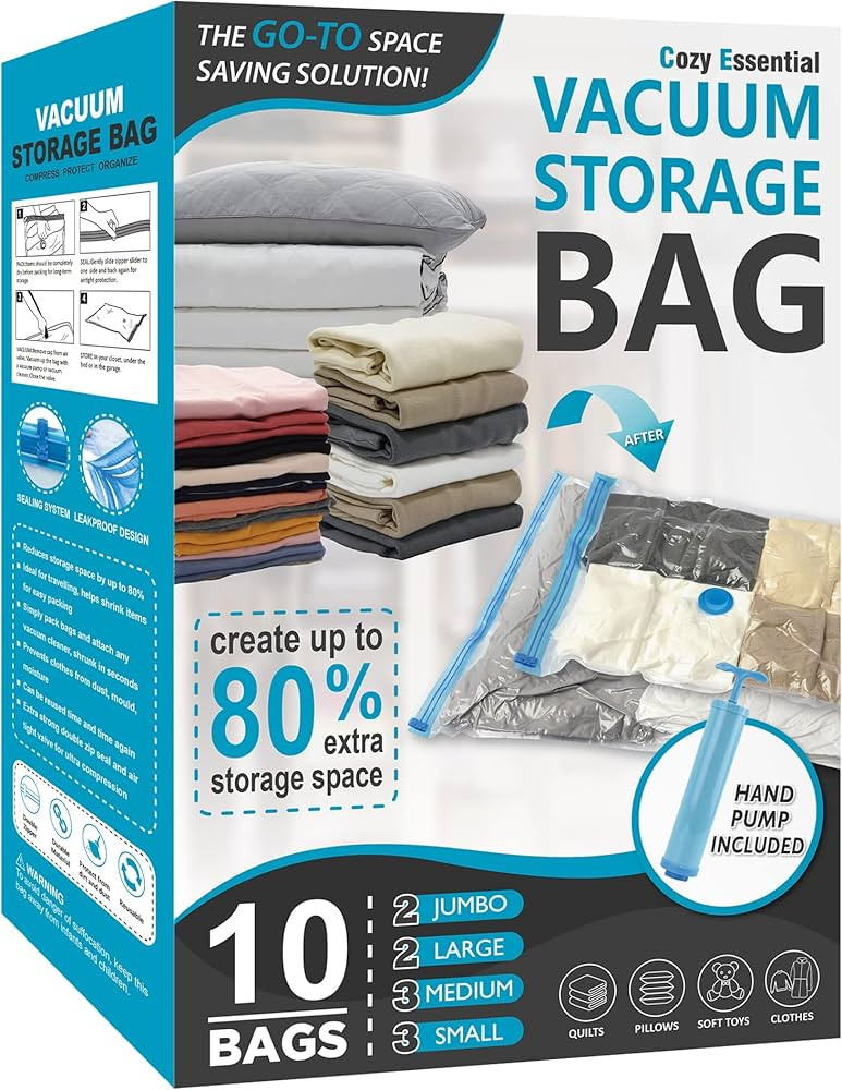Cozy Essential 10 Pack Vacuum Storage Bags, Space Saver Bags (2J/2L/3M/3S) Compression Storage Ba... | Amazon (US)