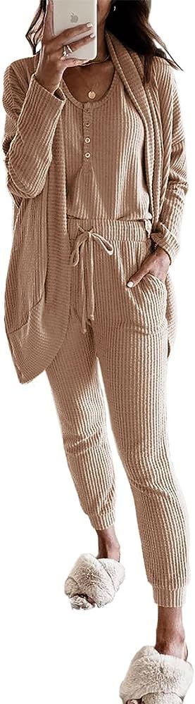 Women 3 Piece Lounge Sets Waffle Knit Henley Tank Top Pajama Pants Joggers Cardigans Outfits | Amazon (US)