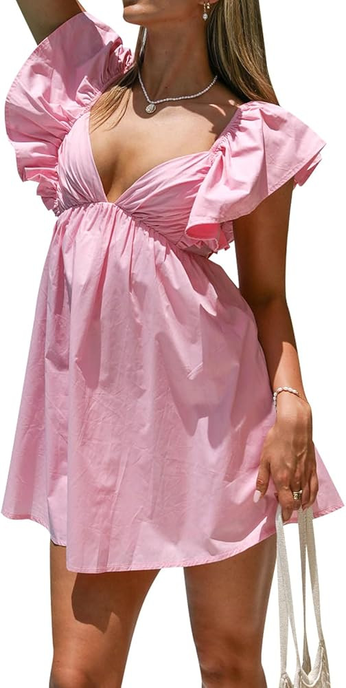hibshaby Womens Sexy Deep V Neck Ruffle Sleeve Mini Dress Backless Lace Up Summer Dresses | Amazon (US)