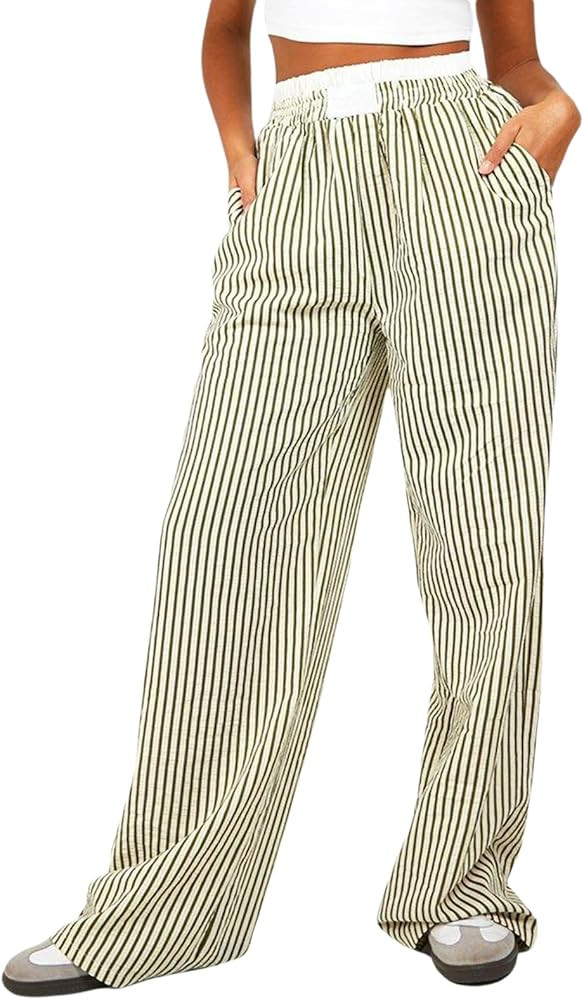 Owl's-Yard Women Y2K Stripe Print Pants Elastic Waist Dreawstring Wide Leg Trousers Striped Casua... | Amazon (US)