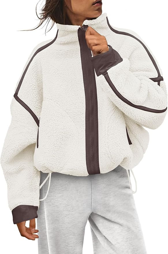 Womens Fleece Jacket Zip Up Long Sleeve Sherpa Jackets Trendy Contrast Coats Winter Outerwears wi... | Amazon (US)