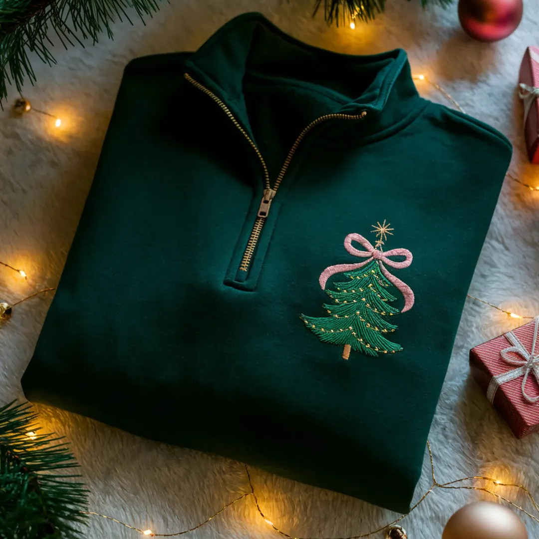 Embroidered Christmas Tree Quarter Zip Sweatshirt: Coquette Holiday Style - Etsy | Etsy (US)