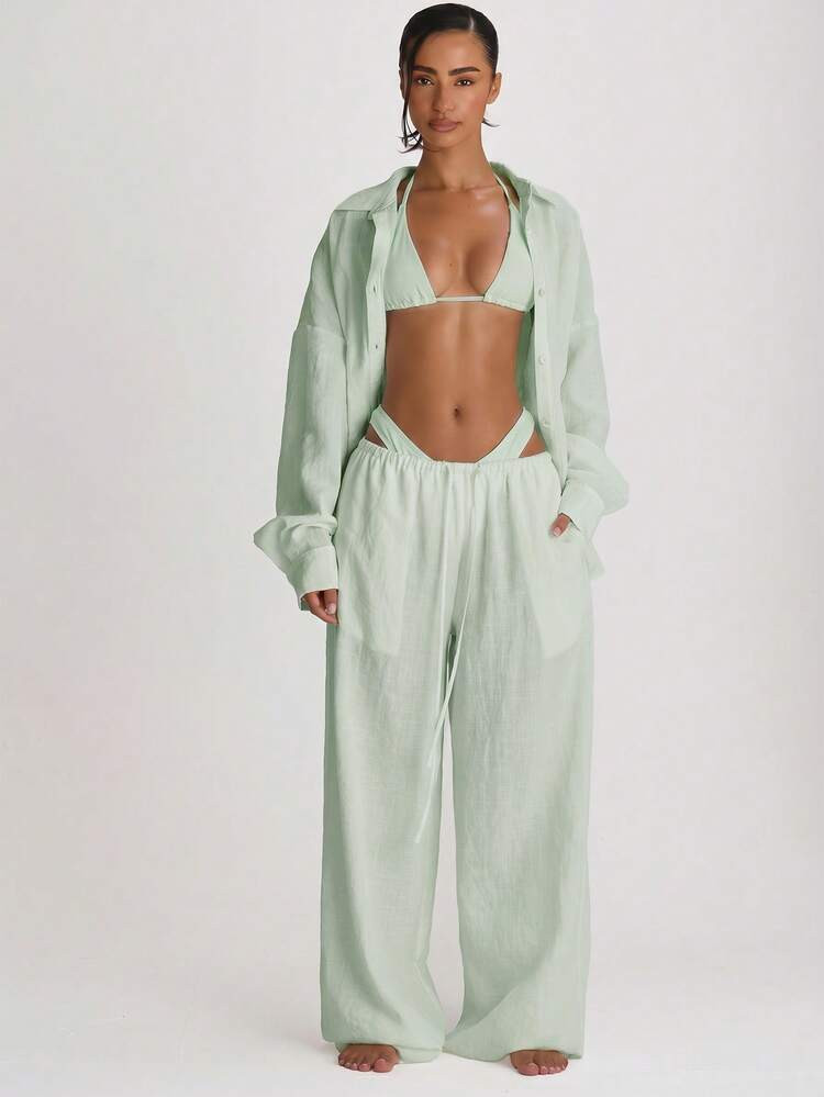 Musera Resort Drawstring Wide Leg Linen Trousers Cover Up Swim Vacation Holiday Summer Travel Bea... | SHEIN