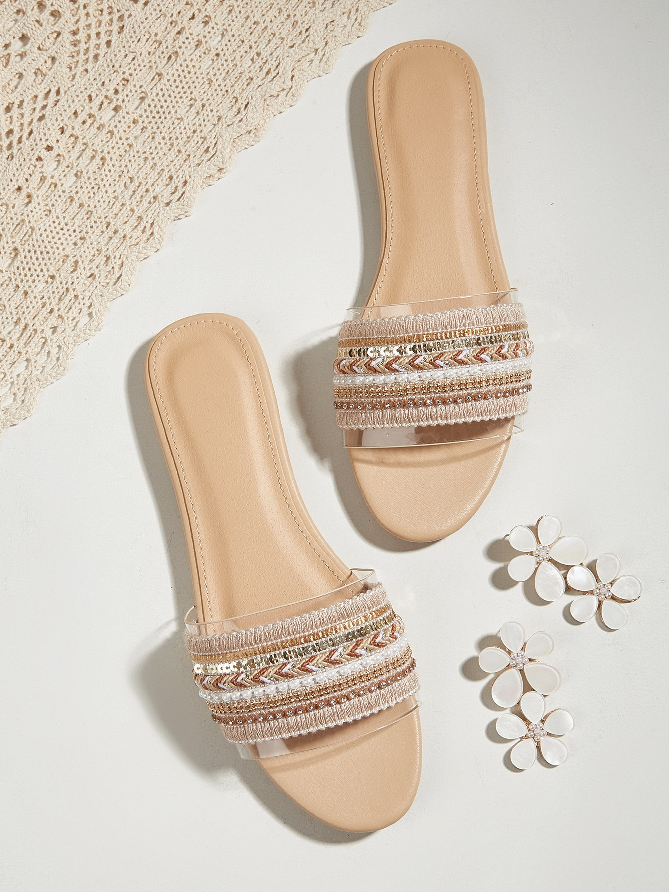 Faux Pearl & Rhinestone Detail Slide Sandals, Apricot Fashionable Pearl & Rhinestone V-shaped Pri... | SHEIN