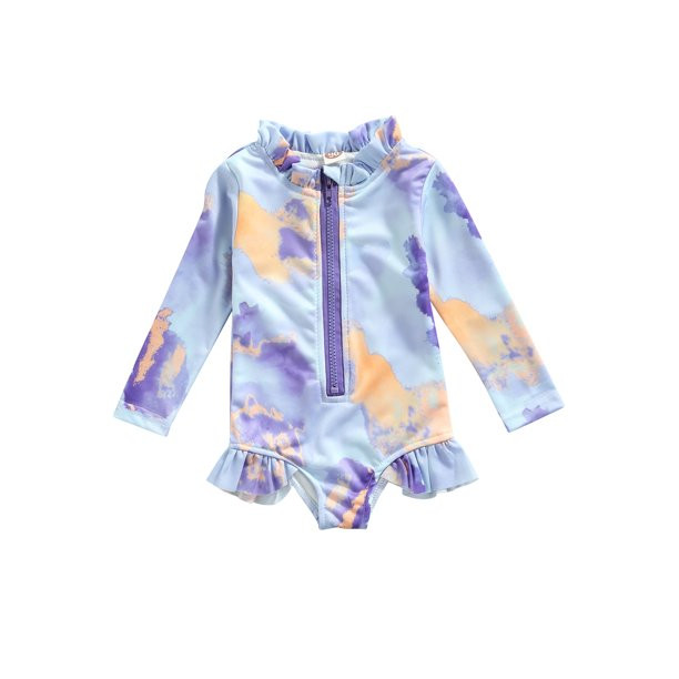 Bmnmsl Girl One-piece Tie-dye Swimsuit Long Sleeve O-neck Zip-up Swimwear with Ruffles | Walmart (US)