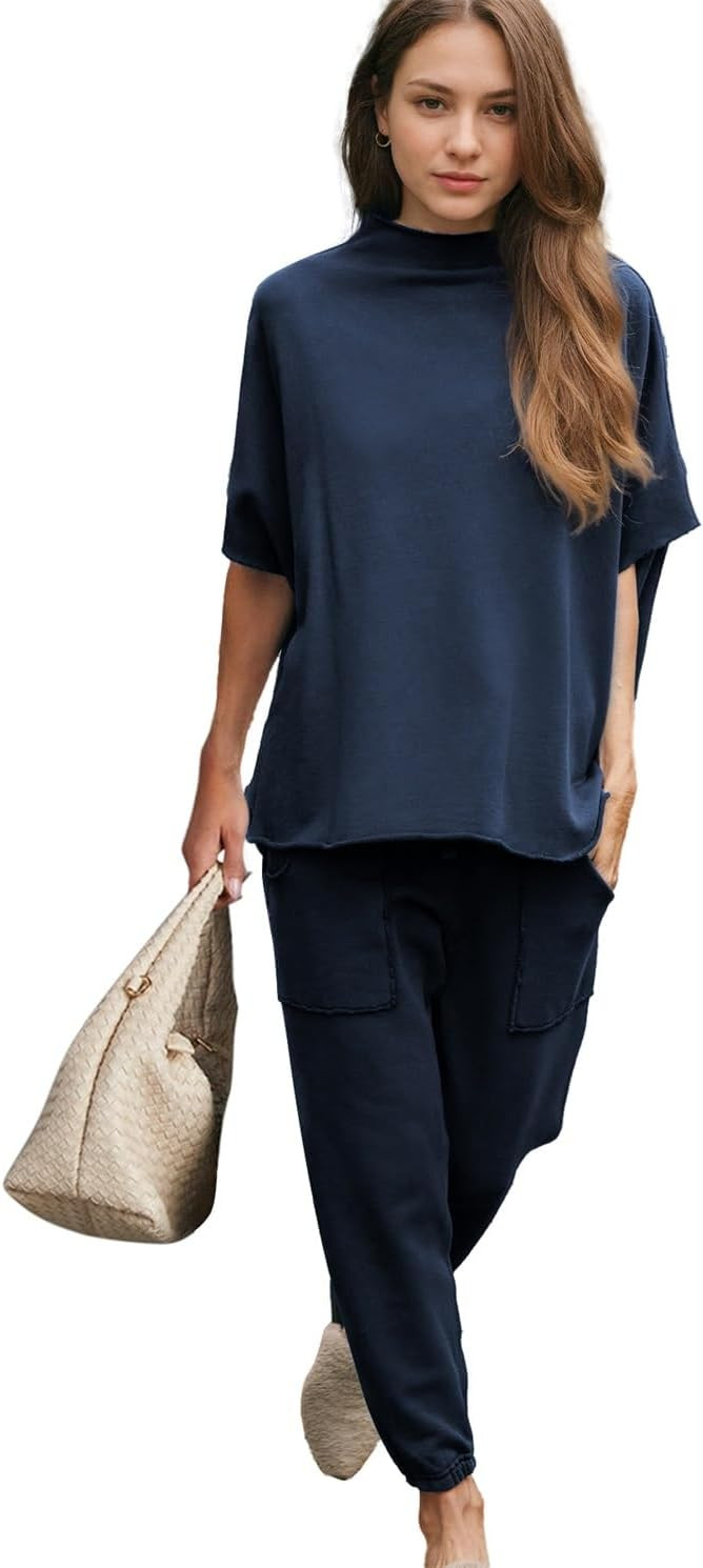 Slouchy 2 Piece Sets for Women Capelet Crew Neck 3/4 Batwing Sleeve Outfits 2024 Cozy Tracksuits ... | Amazon (US)