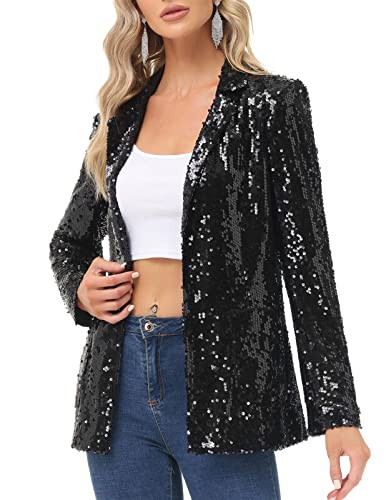 KANCY KOLE Women's Plus Size Sequin Jacket Long Sleeve Sparkly Blazer Coat Open Front Loose Outwear with Pockets Black XXL | Amazon (US)