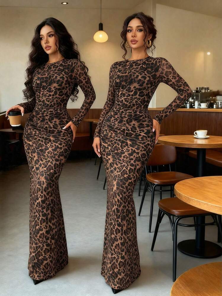 LocalTrendsRafferiza Women Elegant Leopard Print Fitted Mesh Sheer Long Sleeve Dress, Suitable For | SHEIN