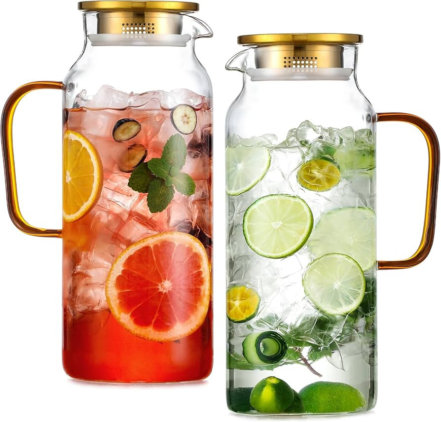 2 Pack 2 Liter/68 oz Glass Pitcher with Lid, Water Pitchers with Handle for Fridge, Large Jug for... | Amazon (US)