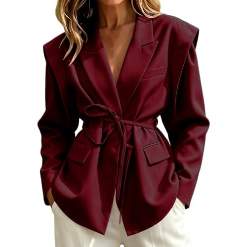 Open Front Blazer Ladies Womens Belted Blazer Waist Tie Single Button Long Sleeve Casual Work Jacket Wardrobe Capsule Woman Over 50 Wine | Amazon (US)