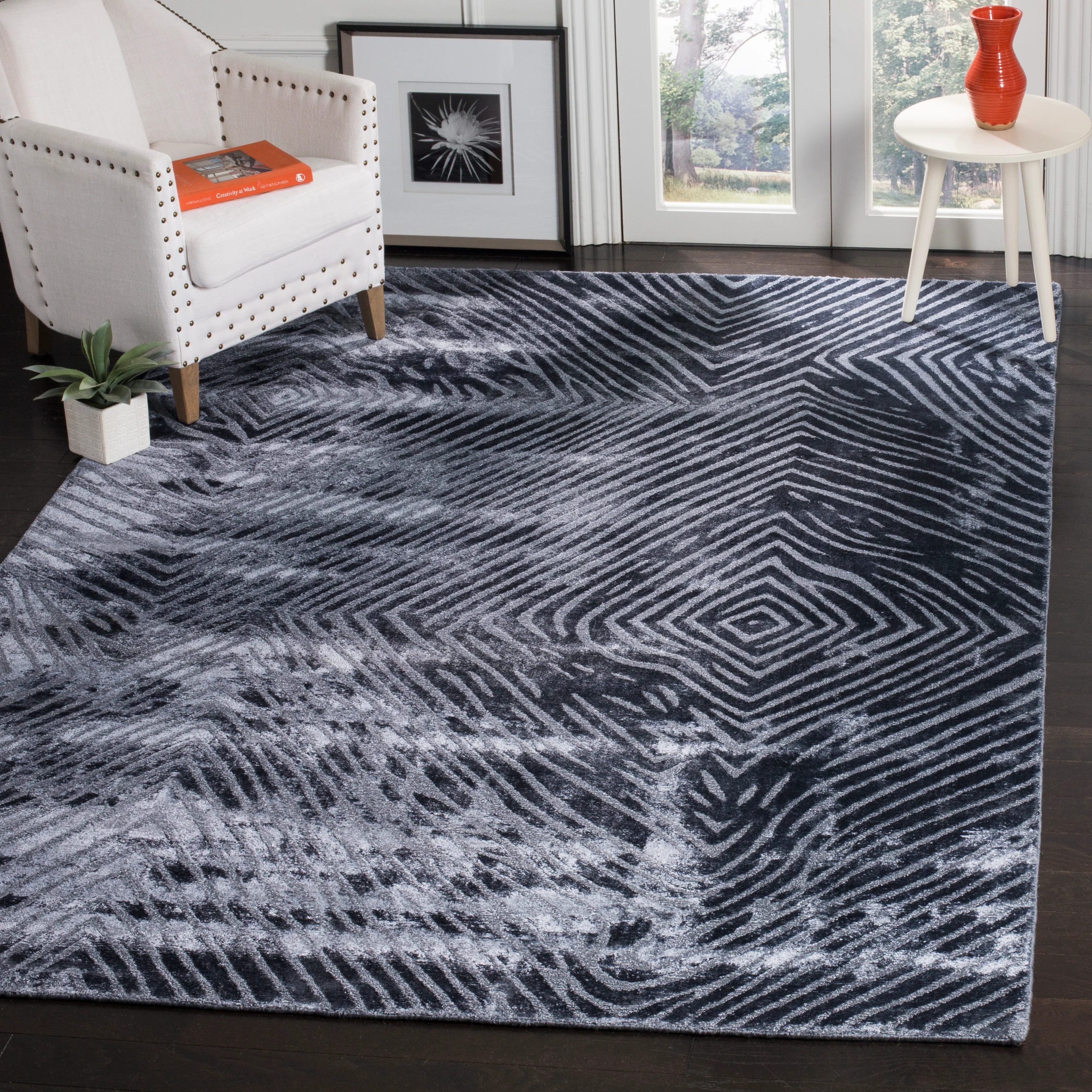 Expression Hand Made Area Rug, Dark Blue Contemporary Style Non Shedding | Shop Simon