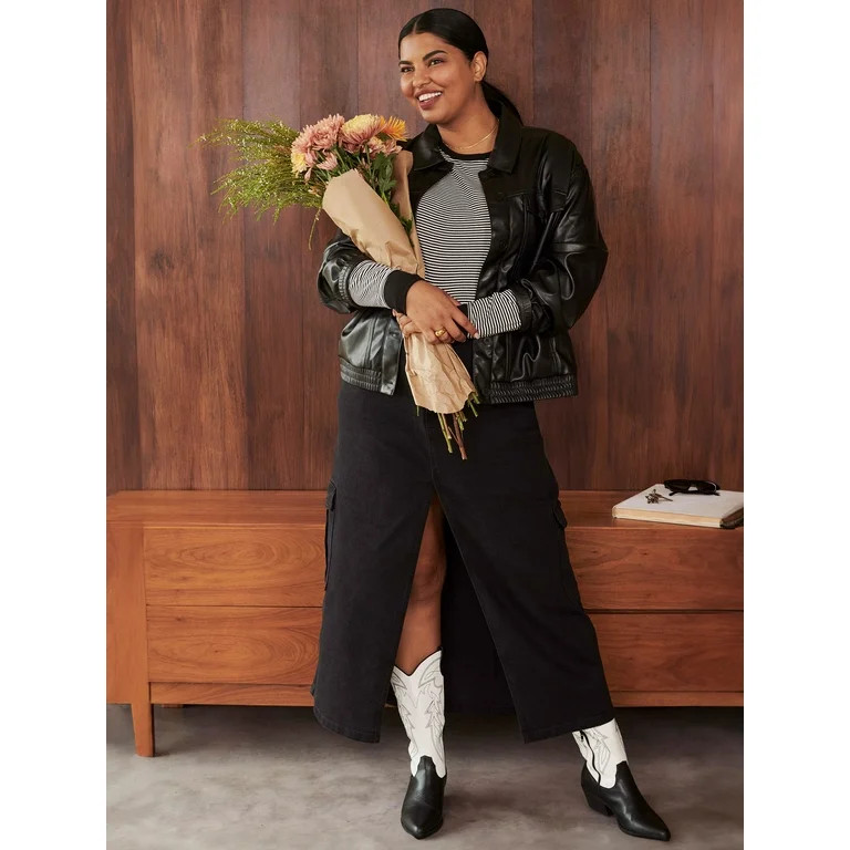Terra & Sky Women's Plus Size Faux Leather Trucker Jacket | Walmart (US)
