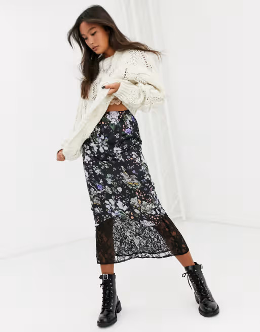 ASOS DESIGN bias cut satin midi slip skirt with lace trim in floral print | ASOS US