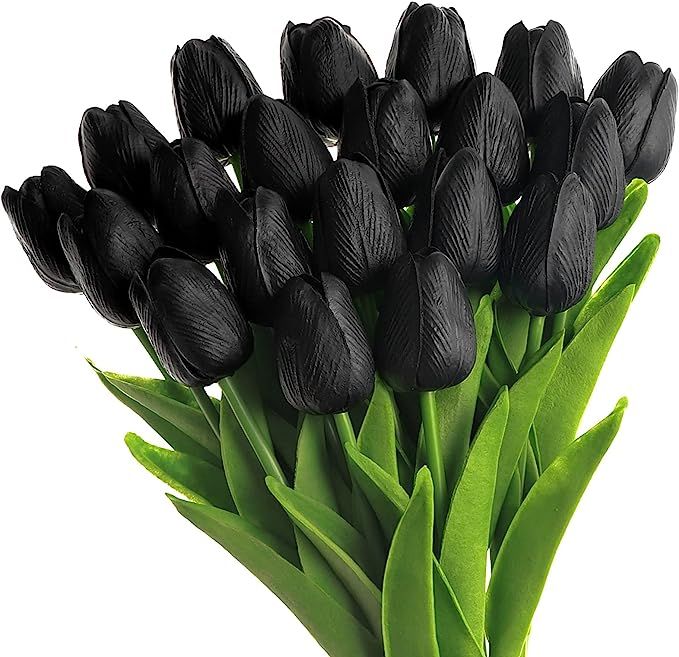 SOJIRUSPA Black Tulips Artificial Flowers 20 Pcs Fake Tulips Real Touch Artificial Tulip PU Faux ... | Amazon (US)