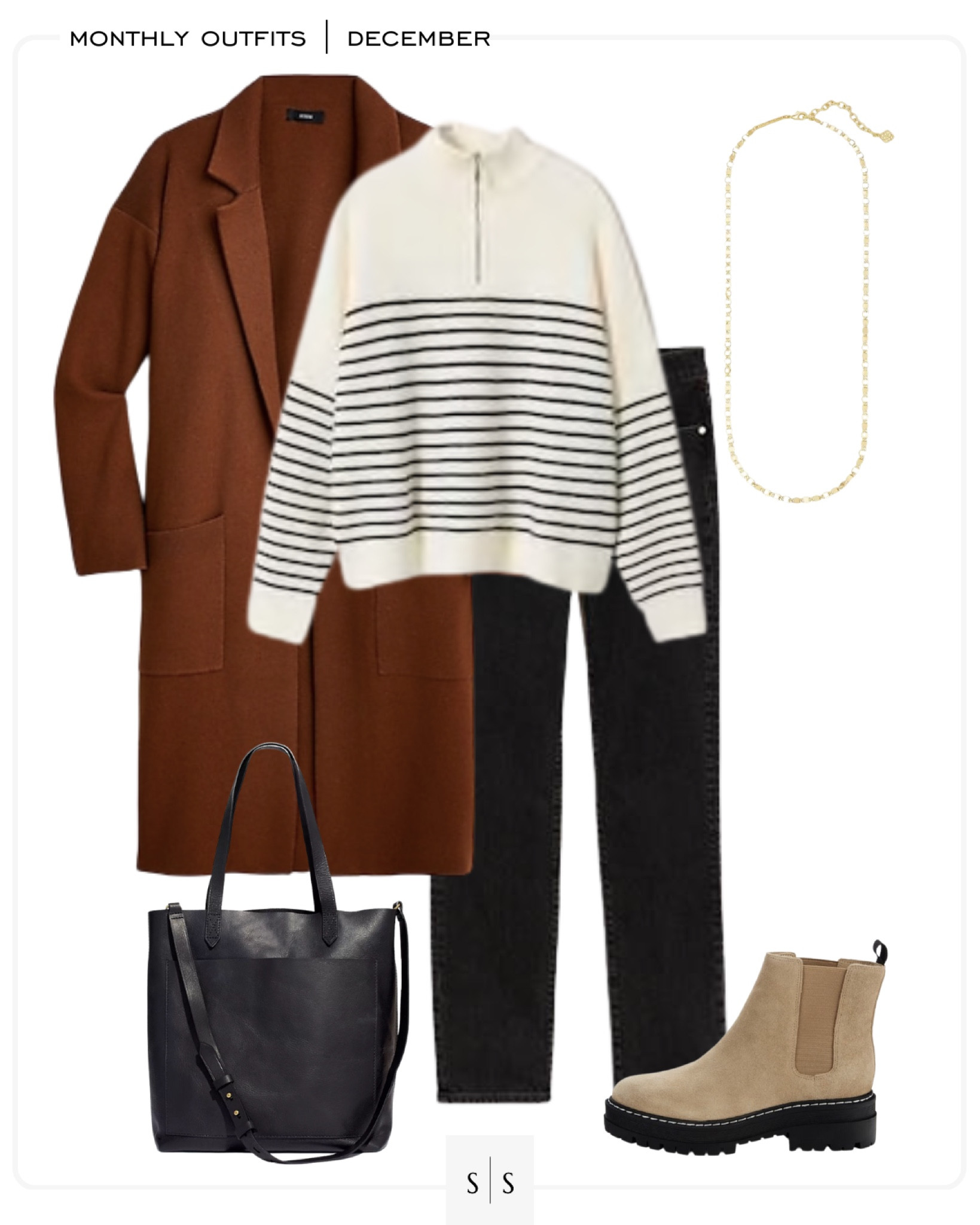 Monthly outfit planner : DECEMBER looks | #coatigan #pullover #stripesweater #straightjean #blackjean #lugboot #winteroutfit #casualstyle | See entire calendar on thesarahstories.com ✨ 